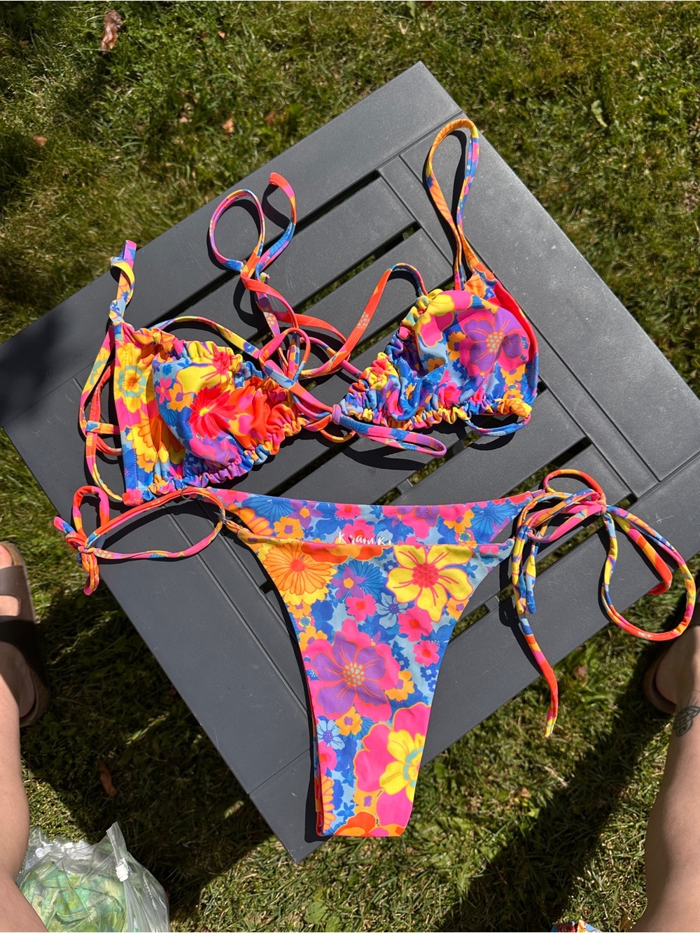 Kulani Kinis Neon Floral Tie-Side Bikini in Pink & Yellow